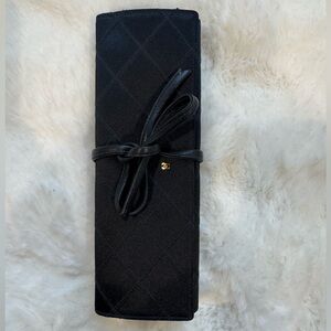 Vintage Chanel RARE Quilted Satin CC Jewelry Roll Pouch Black Full Set